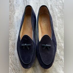 Belgian Shoes Midinette Slippers Navy Blue Suede Loafers 6 Flats Bow Tie
